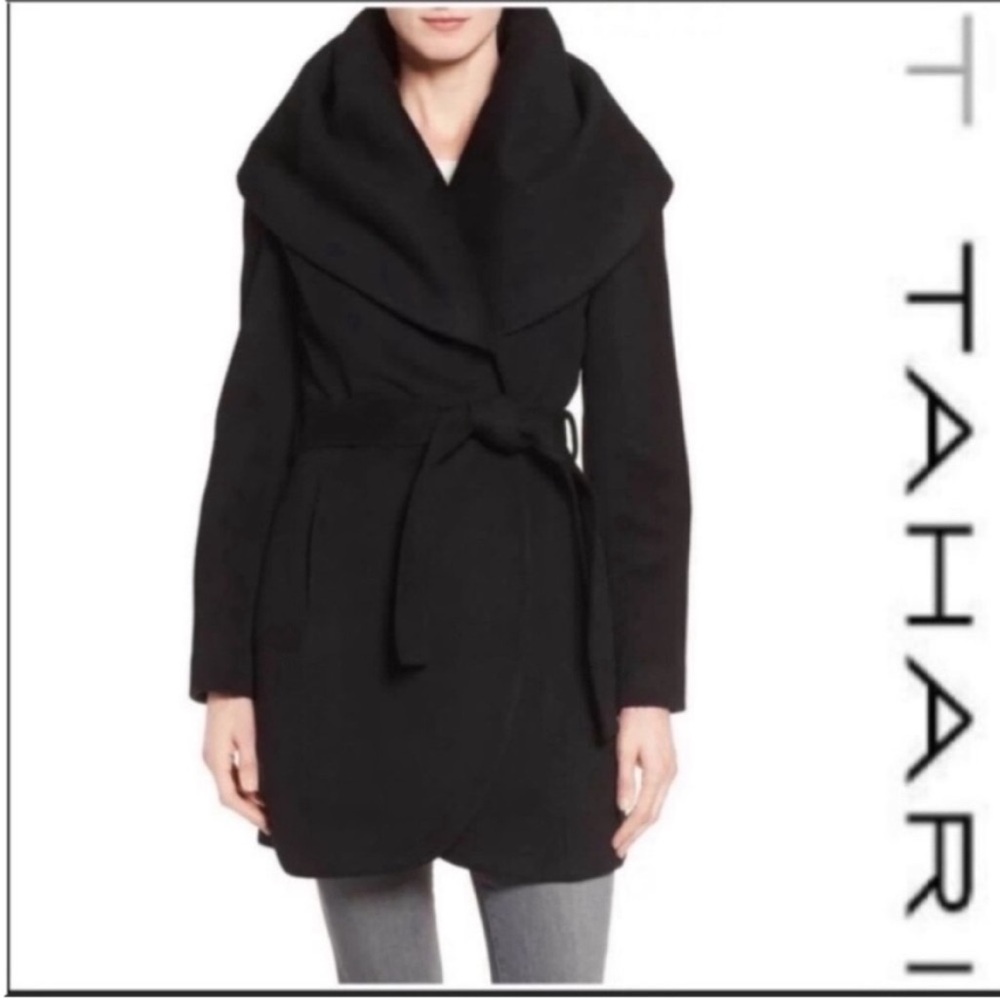 T TAHARI Wool Blend Belted Wrap Coat - Black